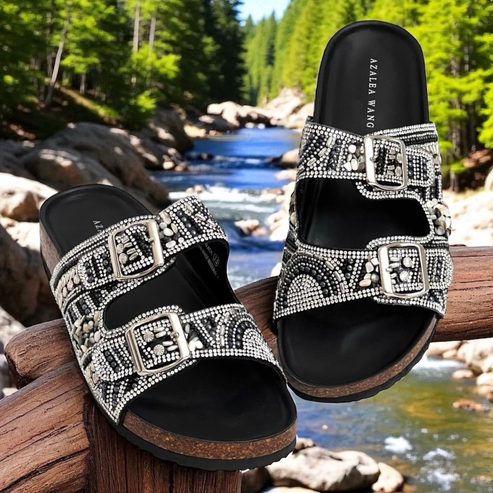 Azalea Wang Slip On Sandals 7.5 Beaded Embellished Double Straps‎ Romilly Black